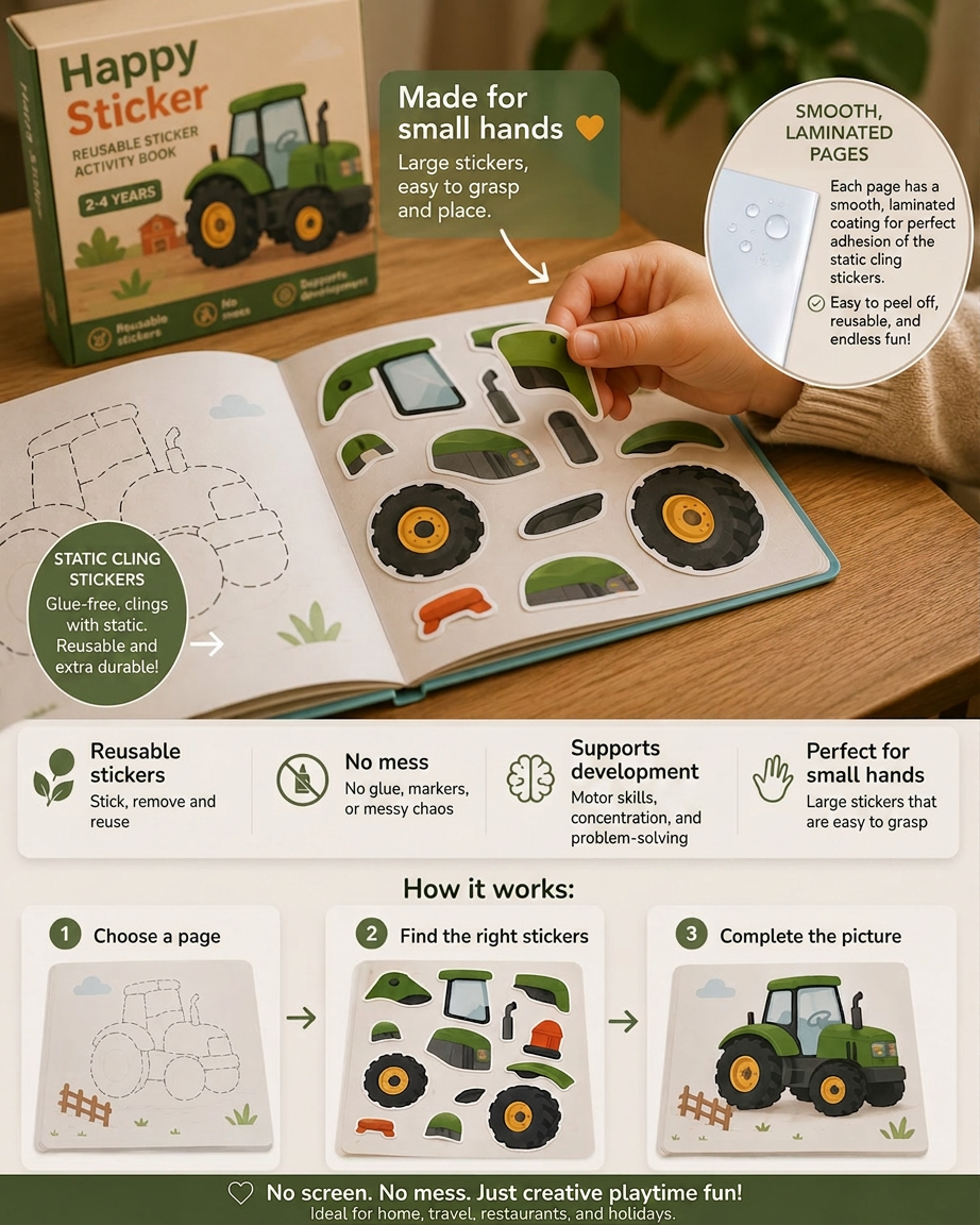 Close-up of a toddler's hand placing a reusable tractor sticker onto a farm scene